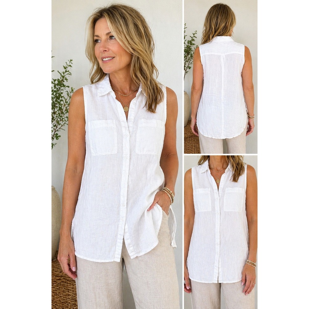 Chico's Tunic Sleeveless White 100% Linen Layered Hem‎ Coastal Size 1 Petite